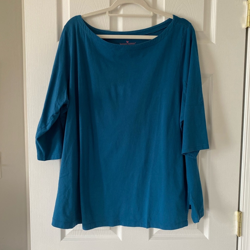 TURQUOISE BLUE WOMAN WITHIN PLUS SIZE SHORT SLEEVE TOP SHIRT W/ SMALL SIDE SLITS